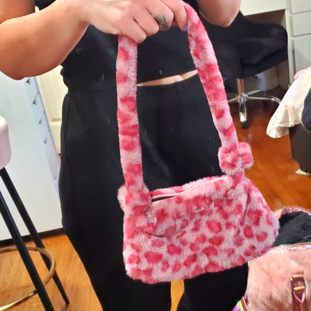 Pink leopard faux fur mini bag